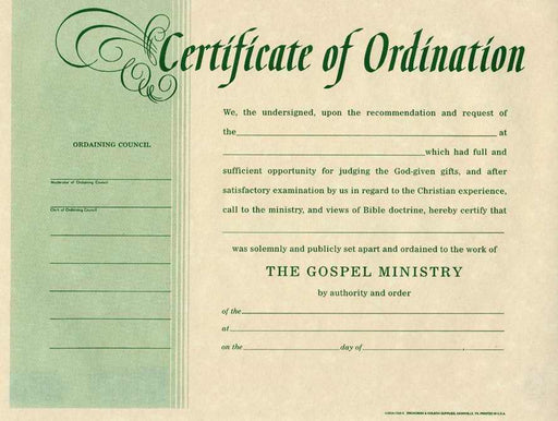 Certificate-Ordination-Minister (Parchment) (8-1/2" x 11) (Pack of 6) (Pkg-6)