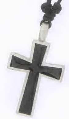 Necklace-Pewter-Black Cross-Adj Black Cord