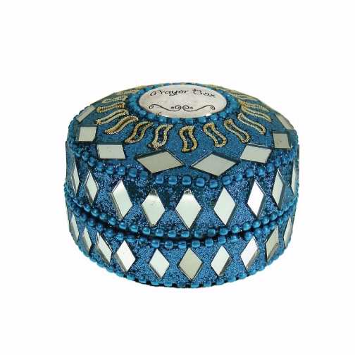 Prayer Box Trinket Box-Beaded-Round-Blue (Approx 3")