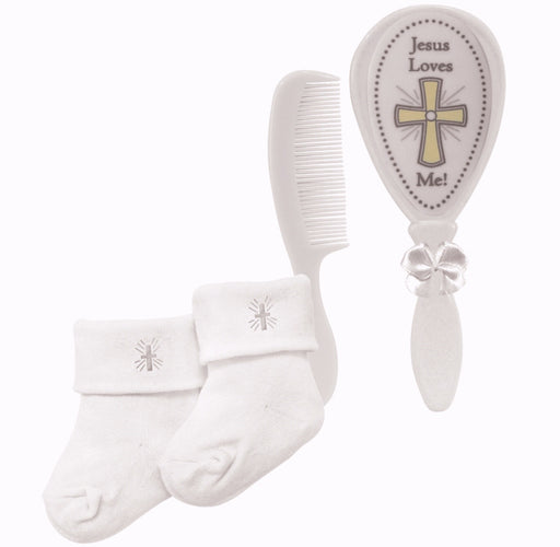 Baby Gift Set-Jesus Loves Me Brush/Comb/Cross Socks Set-Boy