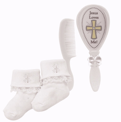 Baby Gift Set-Jesus Loves Me Brush/Comb/Lace Cross Socks Set-Girl