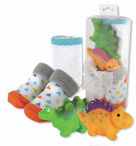 Baby Gift Set-2 Bath Squirter Toys/Socks/Washcloth-Dinosaur