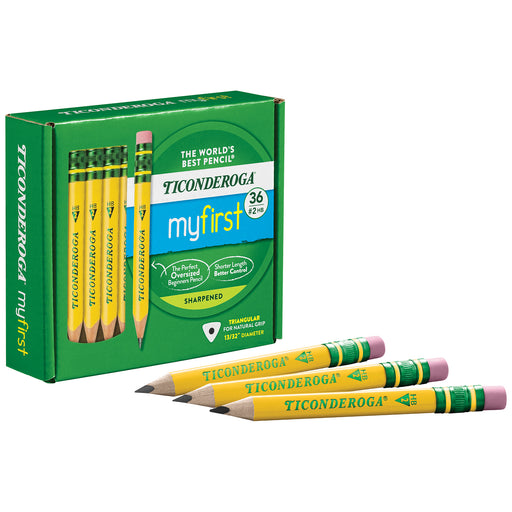 My First® Short Wooden Pencils, Large Triangle Barrel, Sharpened, #2 HB Soft, With Eraser, Yellow, 36 Count