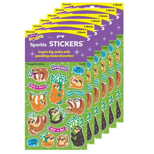 (6 Pk) Thoughtful Sloths Sparkle Stickers 32 Ct