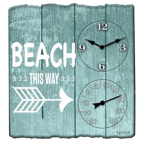 Taylor Precision Products 14-inch X 14-inch Beach This Way Clock With Thermometer