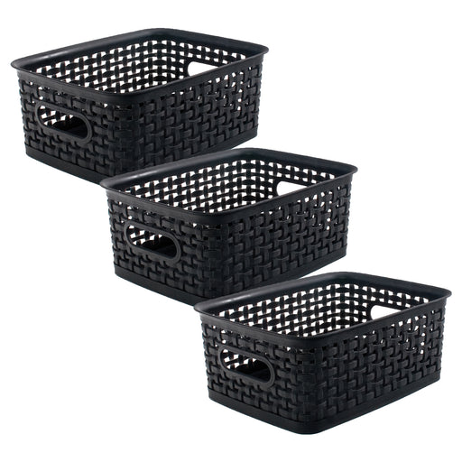 Plastic Weave Bin, Small, Black, Pack of 3