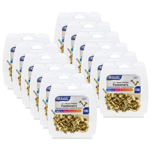 Brass-Plated Fasteners, 1/2", 100 Per Pack, 12 Packs