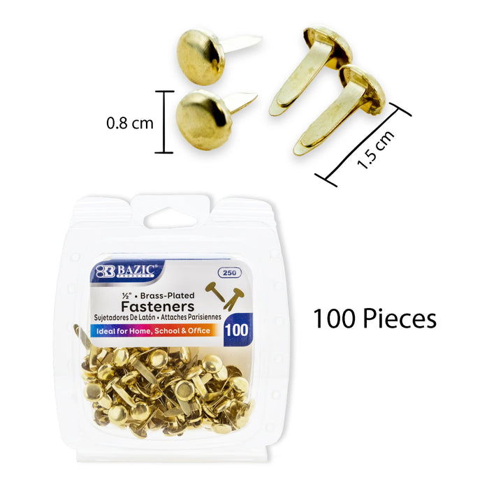 Brass-Plated Fasteners, 1/2", 100 Per Pack, 12 Packs