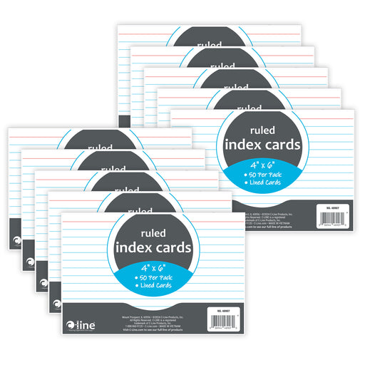 Index Cards, 4" x 6", White, Ruled, 50 Per Pack, 10 Packs