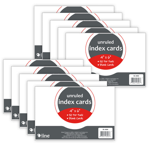 Index Cards, 4" x 6", White, Unruled, 50 Per Pack, 10 Packs