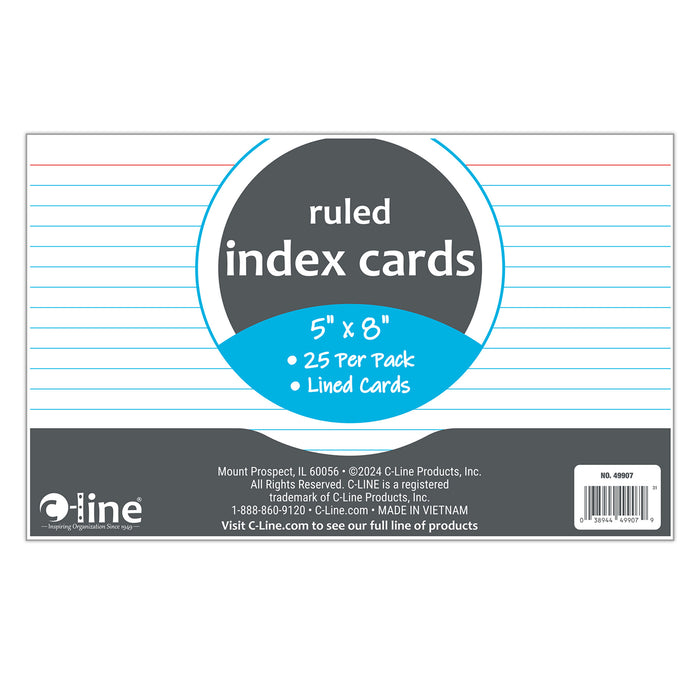 Index Cards, 5" x 8", White, Ruled, 25 Per Pack, 10 Packs
