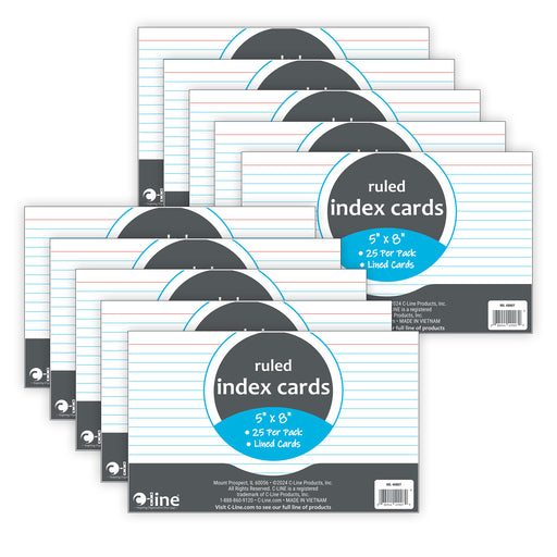 Index Cards, 5" x 8", White, Ruled, 25 Per Pack, 10 Packs