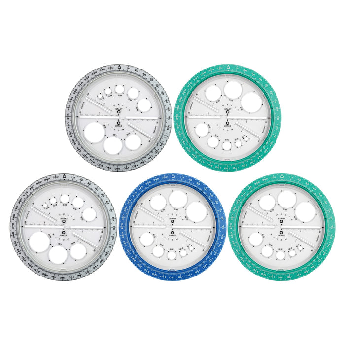 Angle & Circle Maker with Integrated Circle Templates, 360 Degree, 6 Inch/15cm, Assorted Colors, Pack of 5