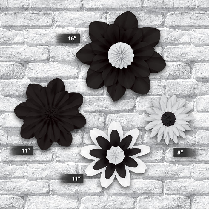 Black and White Paper Flowers, Pack of 4
