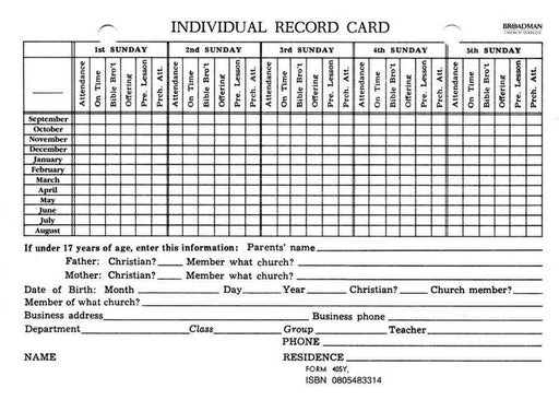Form-Sunday School Individual Record Card (Form 405Y) (Pack of 100) (Pkg-100)