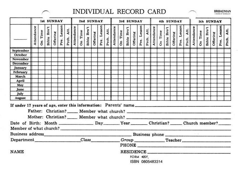 Form-Sunday School Individual Record Card (Form 405Y) (Pack of 100) (Pkg-100)