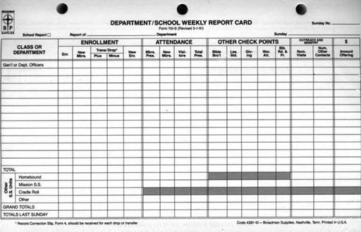 Form-Sunday School Department/School Weekly Report Card (Form 110-S) (Pack of 100) (Pkg-100)