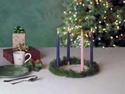 Candle-Advent Wreath-w/Gold Finish Ring & Greens-10" x 7/8" Tapers (3 Purple & 1 Pink)