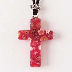 Necklace-Murrine Glass-Red Cross w/Flowers w/24" Adj Cord