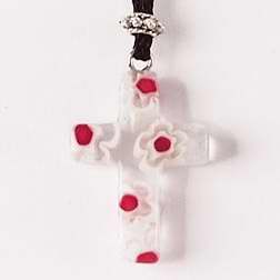 Necklace-Murrine Glass-Clear Cross w/Flowers w/24" Adj Cord