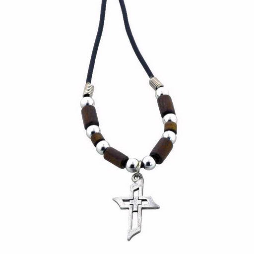Choker-Pewter Cross On Leather Cord W/Brown Beads