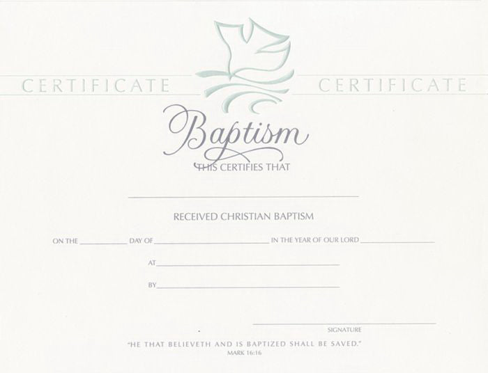 Certificate-Baptism/Dove (Mark 16:16) (Pearl Foil Embossed, Premium Stock) (Pack Of 6) (Pkg-6)