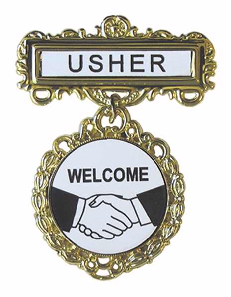 Badge-Usher Welcome-Pin Back-Fancy Round-Brass