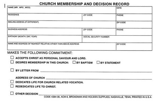 Form-Church Membership And Decision Record (Form ACM-6) (Pack of 100) (Pkg-100)
