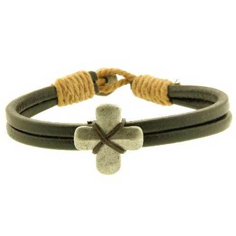 Bracelet-Chunky Leather Cords w/Pewter Cross