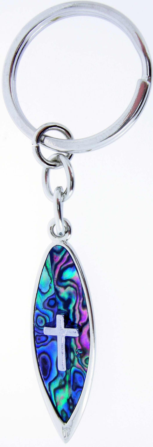 Key Chain-Blue Paua Shell Surfboard W/Cross