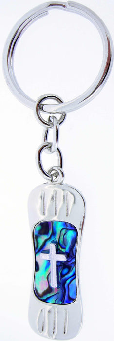 Key Chain-Blue Paua Shell Snowboard w/Cross