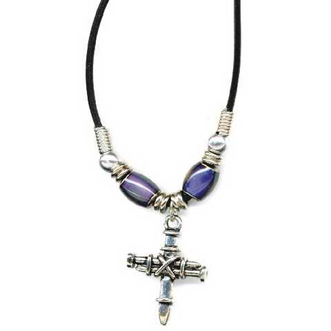 Necklace-Mood Beads with Nail Cross Pendant on 18" Black Cord
