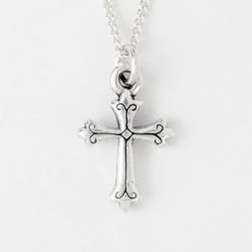 Necklace-Fleur Engraved Cross (Childs) w/14" Chain (Sterling Silver)