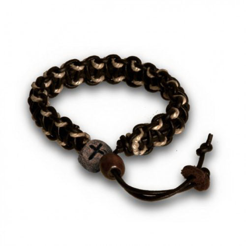 Bracelet-Leather & Macrame W/Stone Cross-Adj