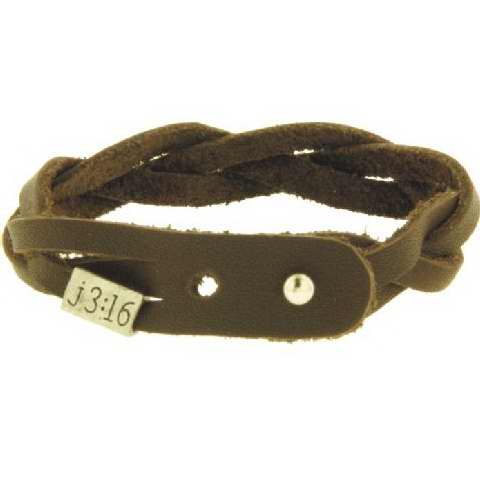 Bracelet-Braided Leather-John 3:16-Adj-Brown
