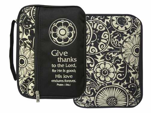 Bible Cover-Canvas-Give Thanks Print-Large-Black/Tan