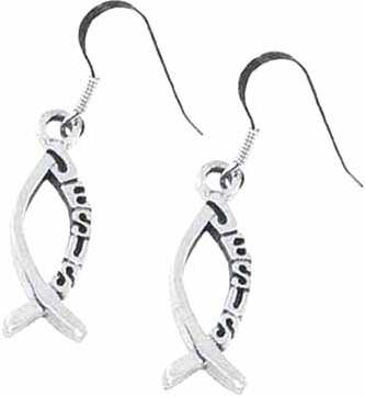 Earring-Ichthus W/Jesus W/French Hooks (Sterling Silver)