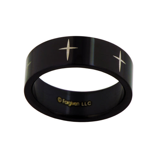Ring-Black Band w/Crosses (Stainless)-Sz  9