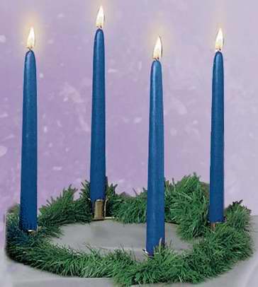 Candle-Advent Wreath-w/Gold Finish Ring & Greens-10" Tapers (4 Blue)
