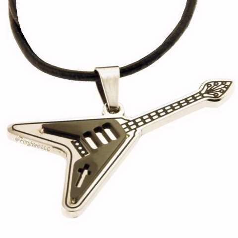 Necklace-Guitar w/Cross-18" Leather Cord (Stainles