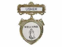 Badge-Usher-Welcome-(Pray Hands)-Pin Back-Brass