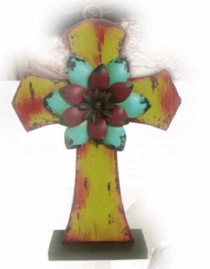 Cross-Wooden w/Metal Flower Embellishment (Standin