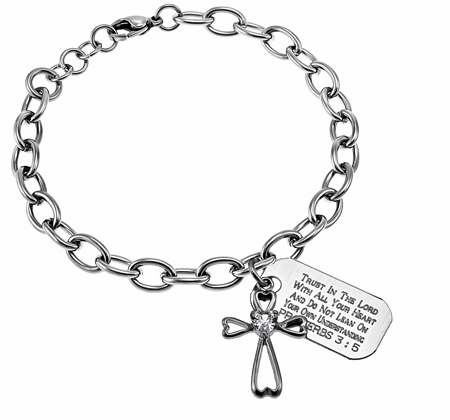Bracelet-Chunky w/Daisy Heart Cross-Trust (Prov 3:5) (Adjustable)