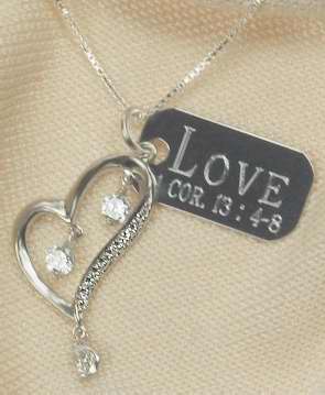 Necklace-3 CZ Dangling Heart-Love (1Cor 13:4-8) (18")