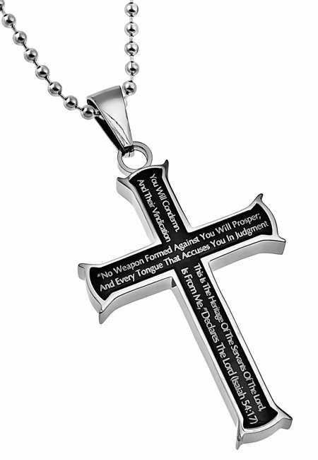 Necklace-Black Iron Cross/Nail-No Weapon (Isaiah 54:17) (20")