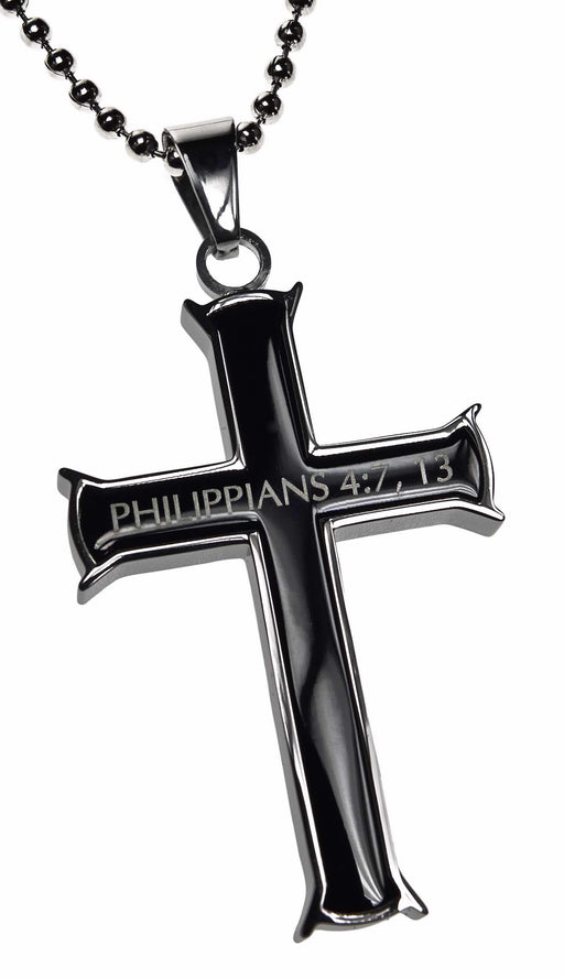 Necklace-Black Iron Cross-I Can Do All Things (Phil 4:13) (20")