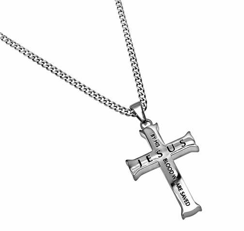 Necklace-Iron Cross-By His Blood... (Rom 5:9) (20")