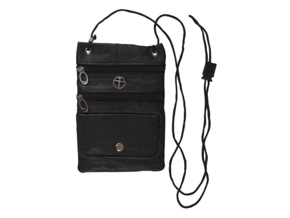 Wallet-Genuine Leather BiFold w/Center Flap & Cross/Fish-Black