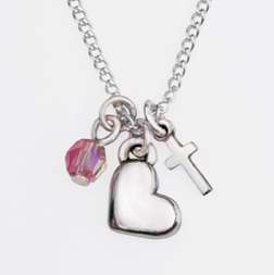 Necklace-Heart Charm w/Cross & Bead w/18" Chain (Sterling Silver)