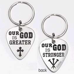 Key Chain-Guitar Pick-Our God Is Greater-Pewter
